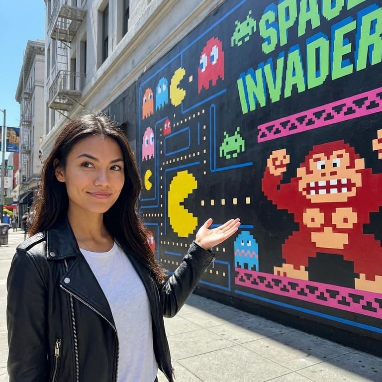 Nancy posing beside a retro arcade mural of Pac-Man and Donkey Kong