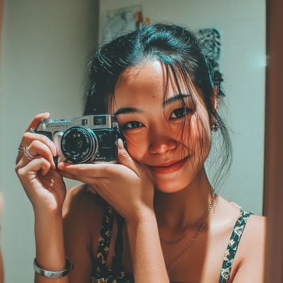 Holding a film camera up to a mirror